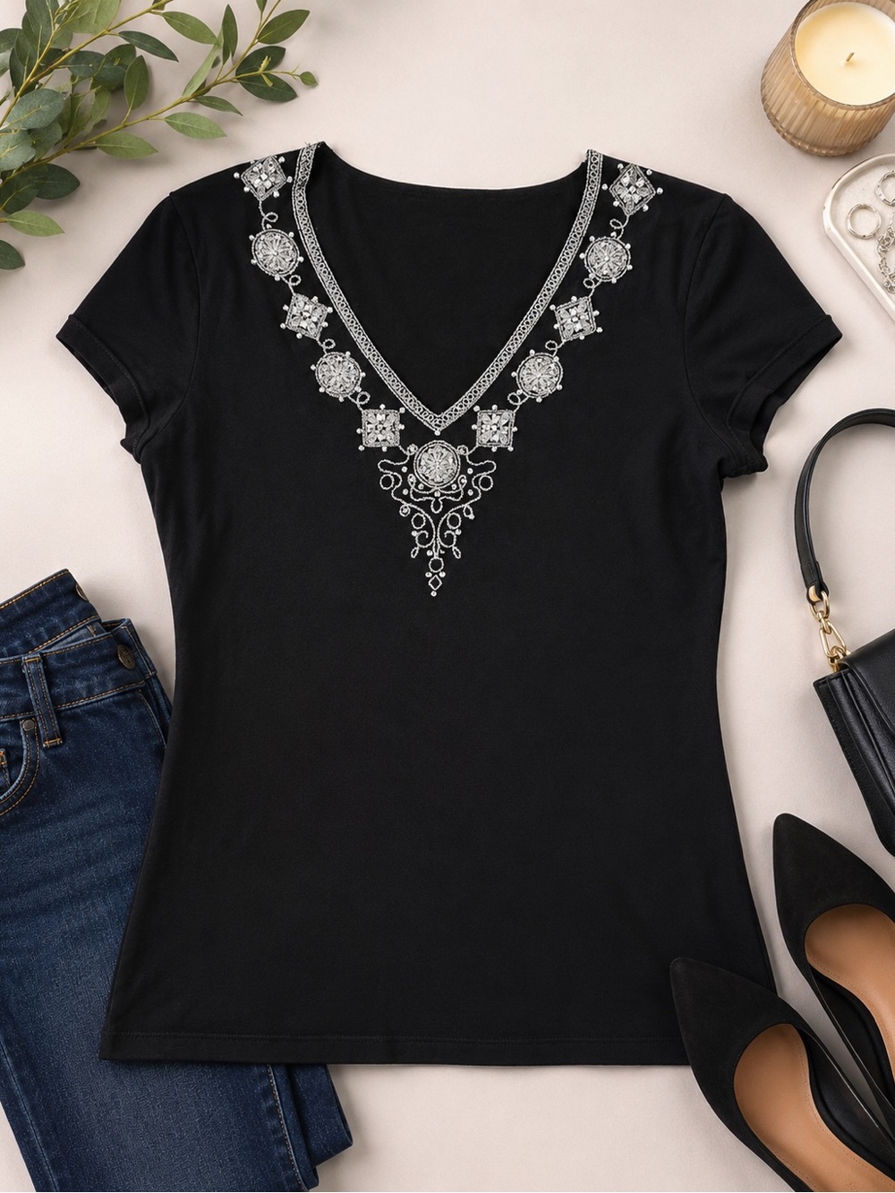 The Limited Black Embellished V-Neck Top Size Small Silver Beaded Stretch Tee